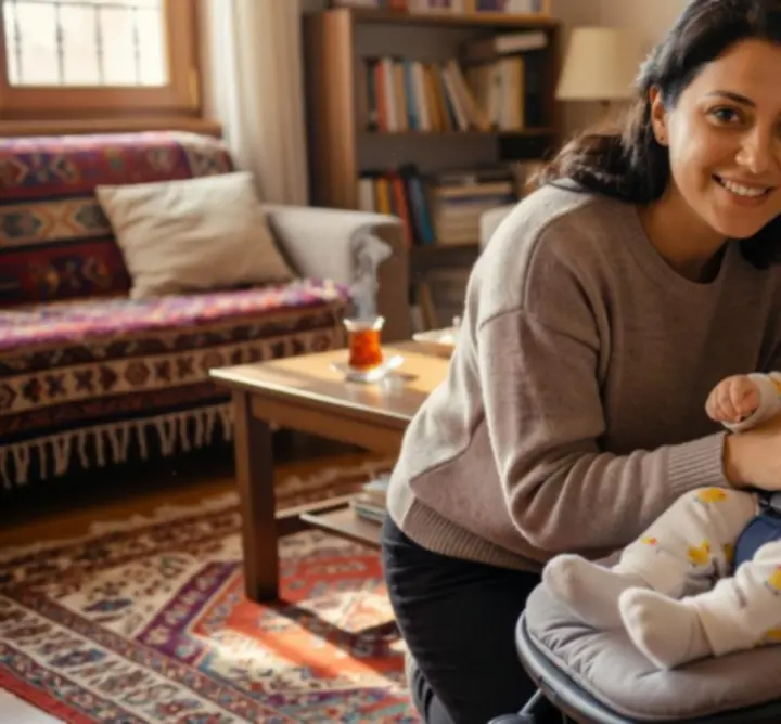 Bebek arabası kullanan mutlu anne ve bebek görseli
