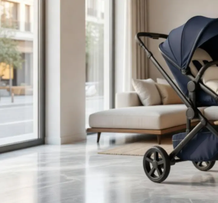 Modern ve hafif bir bebek arabası ile dışarıda gezen aile
